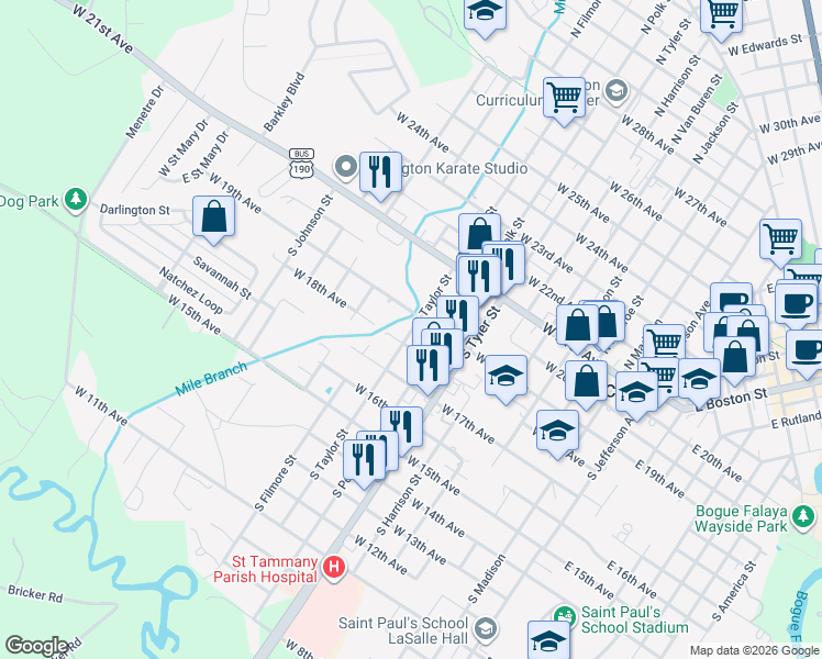 map of restaurants, bars, coffee shops, grocery stores, and more near 804 West 18th Avenue in Covington