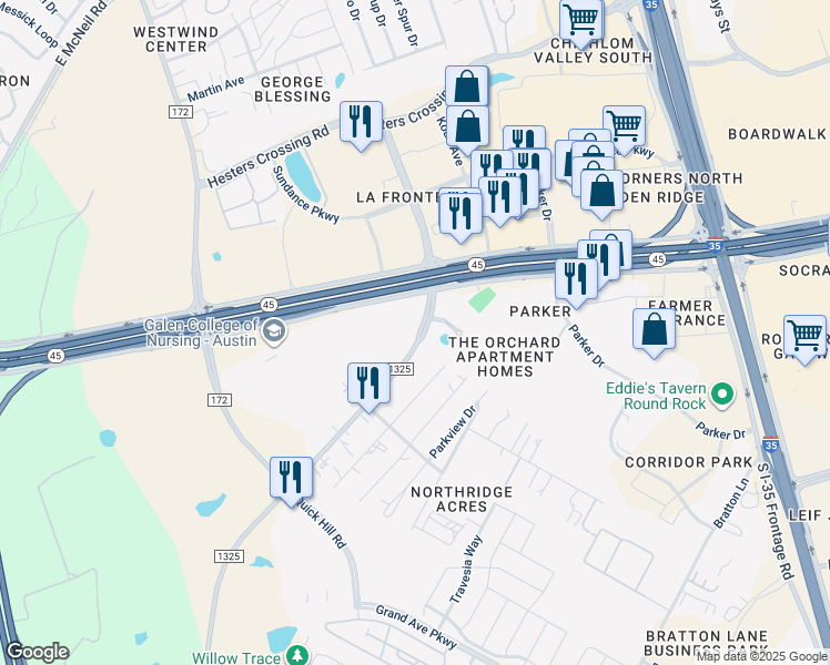 map of restaurants, bars, coffee shops, grocery stores, and more near 2800 La Frontera Blvd in Round Rock