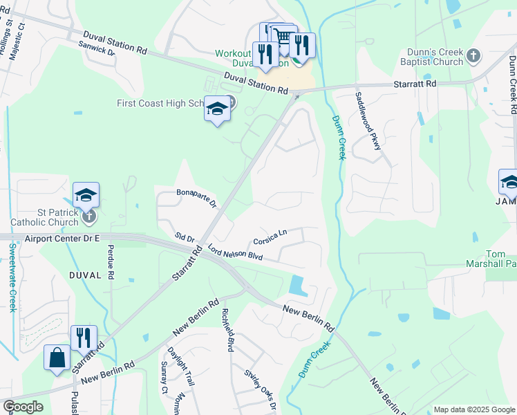 map of restaurants, bars, coffee shops, grocery stores, and more near 808 Bonaparte Landing Boulevard in Jacksonville