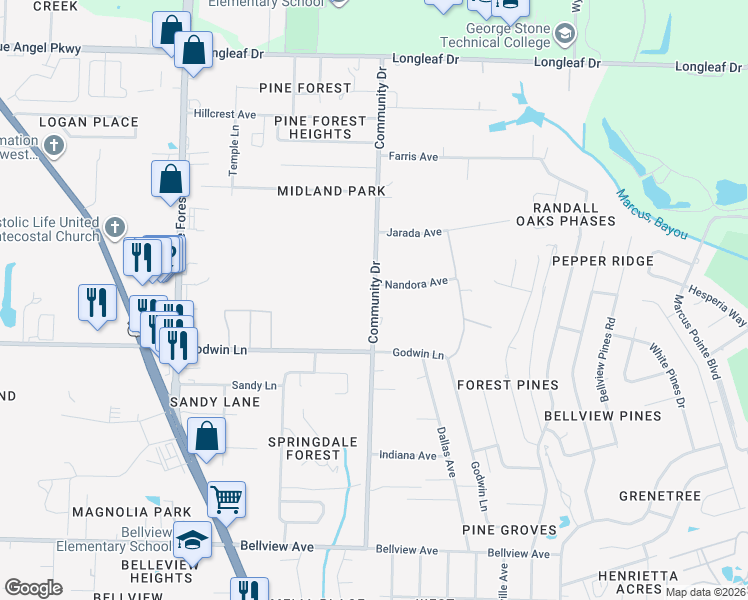 map of restaurants, bars, coffee shops, grocery stores, and more near 7017 Community Drive in Pensacola