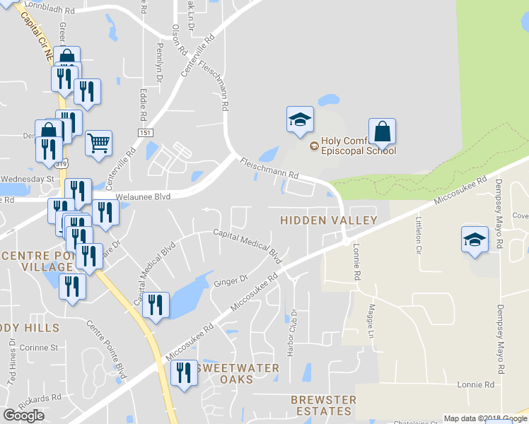 map of restaurants, bars, coffee shops, grocery stores, and more near 3305 Thomas Butler Road in Tallahassee