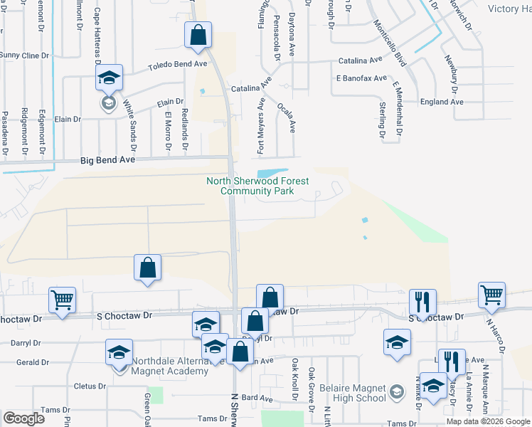 map of restaurants, bars, coffee shops, grocery stores, and more near 3000 North Sherwood Forest Drive in Baton Rouge