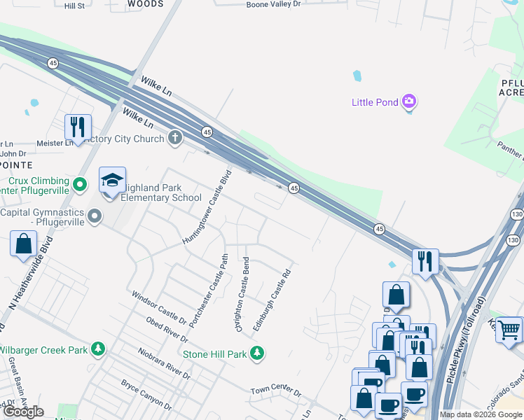 map of restaurants, bars, coffee shops, grocery stores, and more near 19021 Raglan Castle Path in Pflugerville