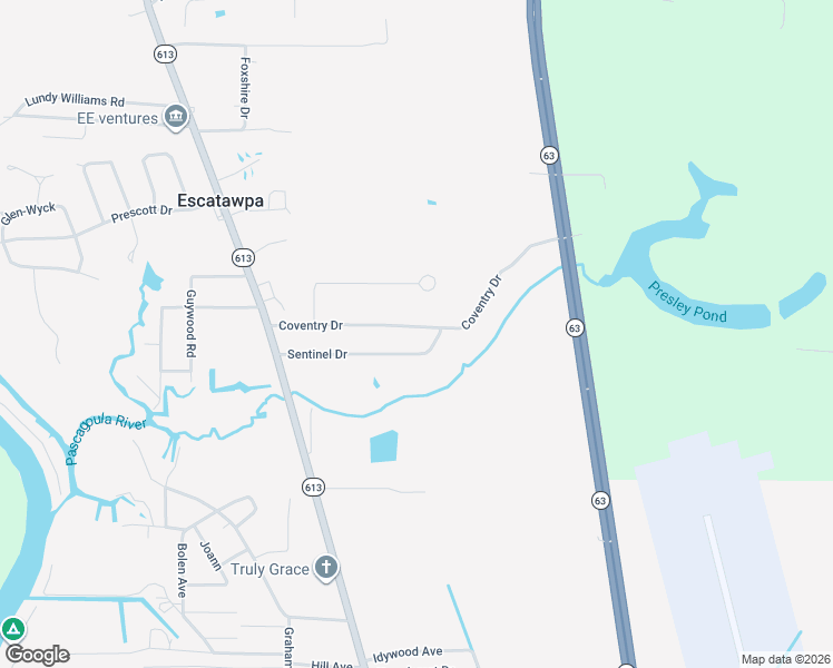 map of restaurants, bars, coffee shops, grocery stores, and more near 4012 Coventry Drive in Moss Point
