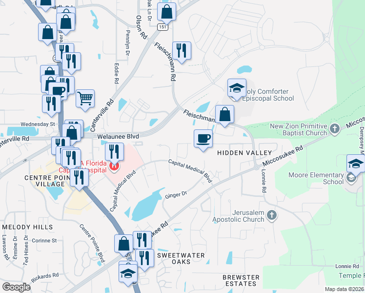 map of restaurants, bars, coffee shops, grocery stores, and more near 1917 Rain Valley Court in Tallahassee