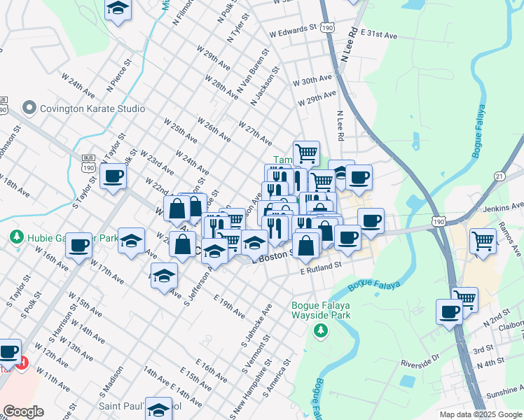 map of restaurants, bars, coffee shops, grocery stores, and more near 321 North Theard Street in Covington