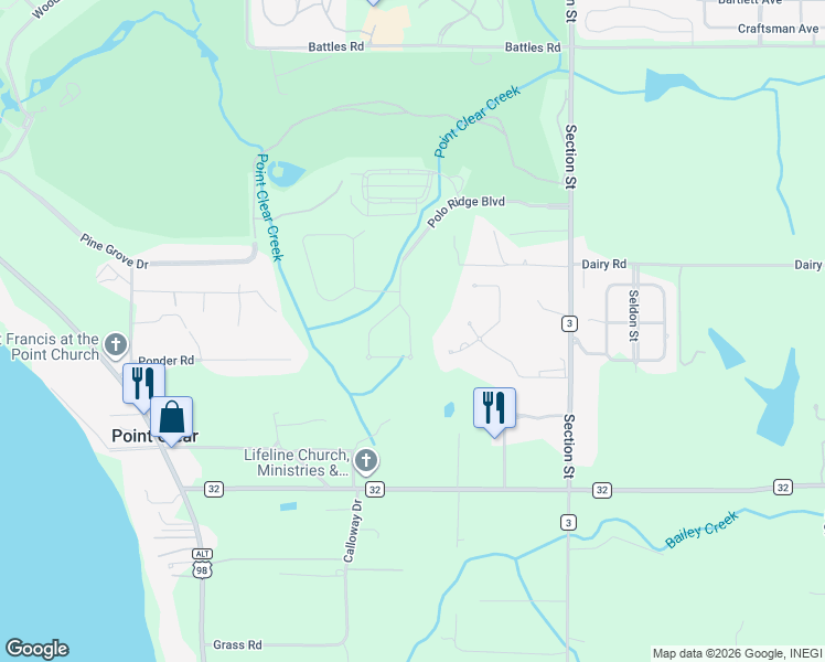 map of restaurants, bars, coffee shops, grocery stores, and more near 17360 Polo Ridge Boulevard in Fairhope