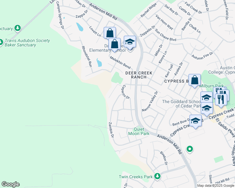 map of restaurants, bars, coffee shops, grocery stores, and more near 2504 Caparzo Drive in Cedar Park