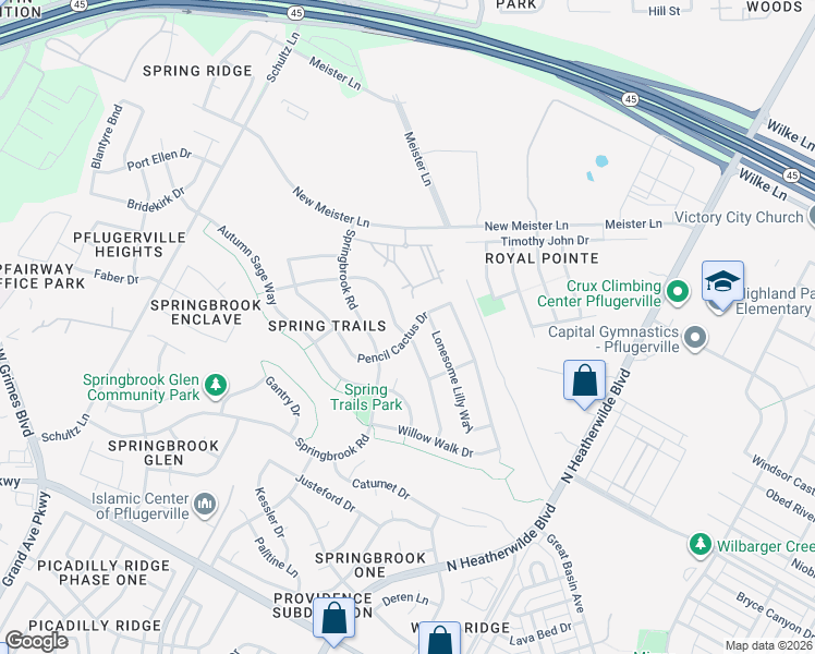 map of restaurants, bars, coffee shops, grocery stores, and more near 18809 Pencil Cactus Drive in Pflugerville