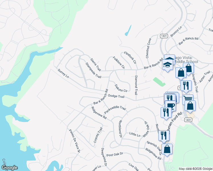 map of restaurants, bars, coffee shops, grocery stores, and more near 7607 Bar K Ranch Road in Lago Vista