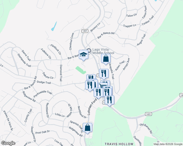 map of restaurants, bars, coffee shops, grocery stores, and more near 7903 Powder Cove in Leander