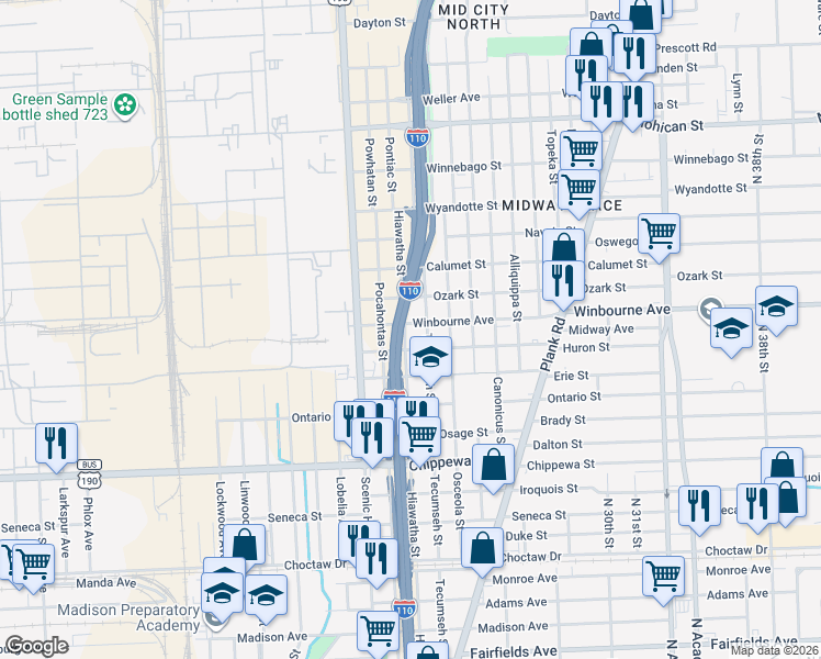 map of restaurants, bars, coffee shops, grocery stores, and more near 2305 Huron Street in Baton Rouge