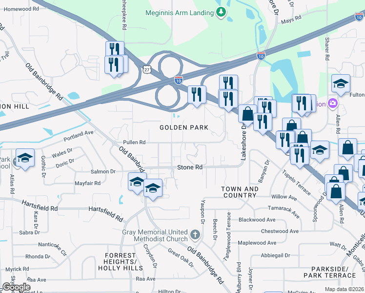 map of restaurants, bars, coffee shops, grocery stores, and more near 209 Golden Park Lane in Tallahassee
