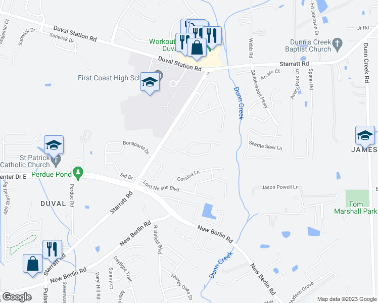 map of restaurants, bars, coffee shops, grocery stores, and more near 804 Bonaparte Landing Boulevard in Jacksonville