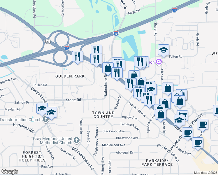 map of restaurants, bars, coffee shops, grocery stores, and more near 2619 Summerwood Avenue in Tallahassee