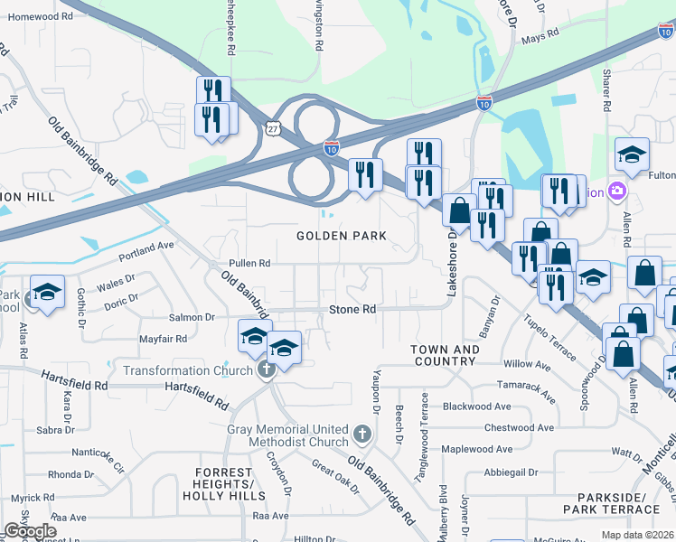 map of restaurants, bars, coffee shops, grocery stores, and more near 209 Golden Park Lane in Tallahassee