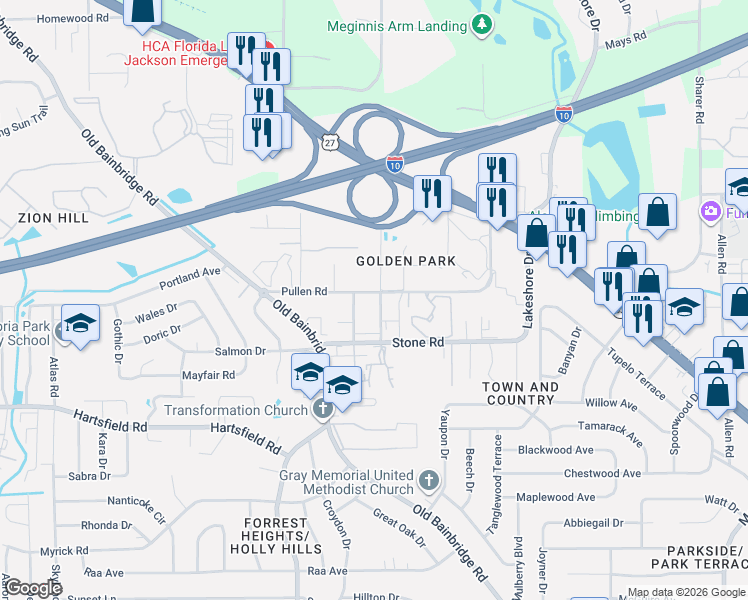 map of restaurants, bars, coffee shops, grocery stores, and more near 2412 Fred Smith Road in Tallahassee