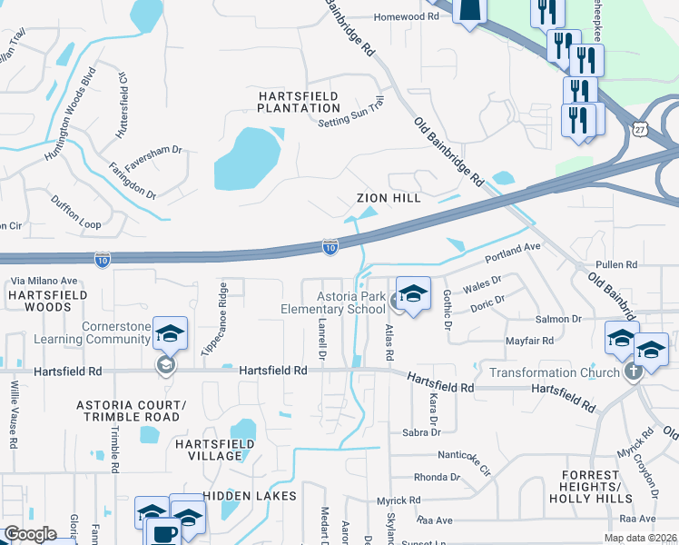 map of restaurants, bars, coffee shops, grocery stores, and more near 2486 Talco Hills Drive in Tallahassee