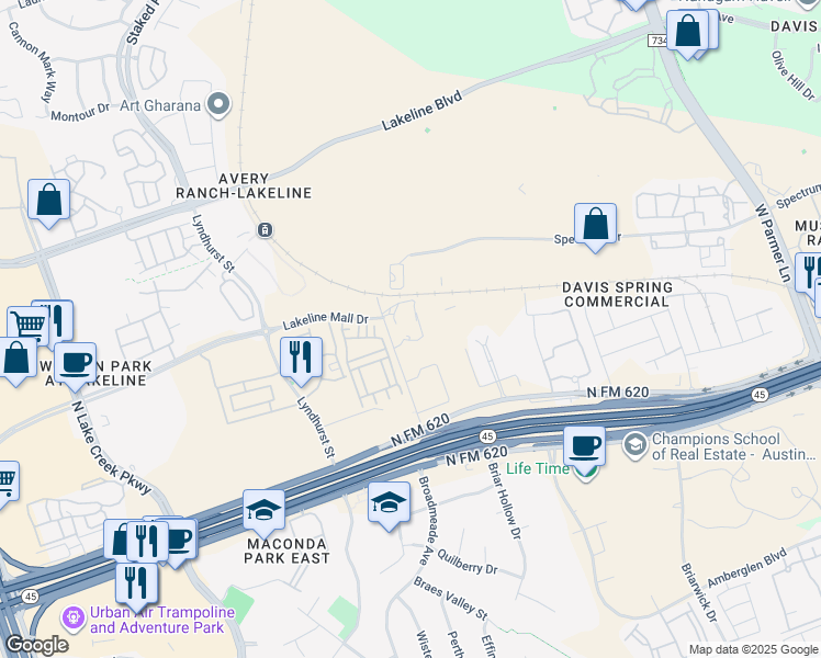 map of restaurants, bars, coffee shops, grocery stores, and more near 13641 Rutledge Spur in Austin