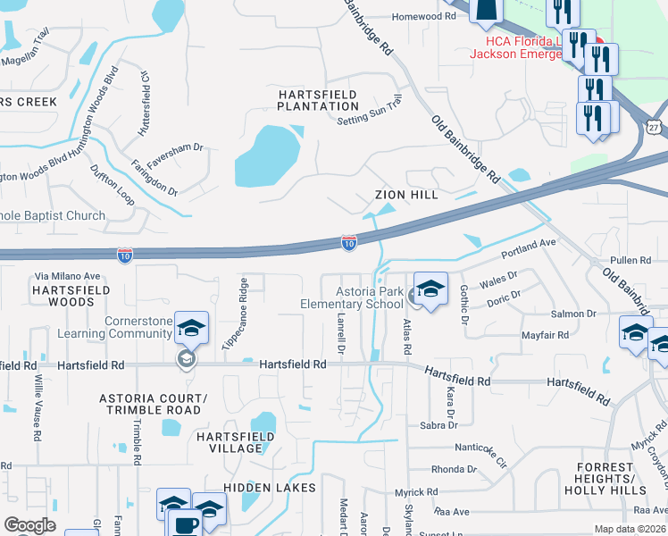 map of restaurants, bars, coffee shops, grocery stores, and more near 2091 Darnell Circle in Tallahassee