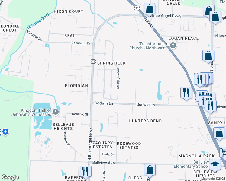 map of restaurants, bars, coffee shops, grocery stores, and more near 4019 Glenway Drive in Pensacola