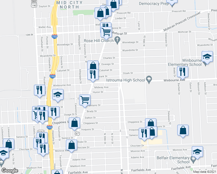 map of restaurants, bars, coffee shops, grocery stores, and more near 3157 Midway Avenue in Baton Rouge