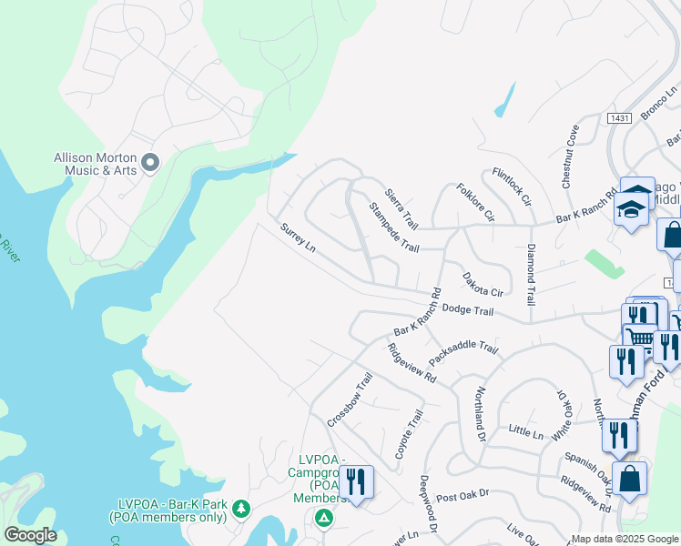 map of restaurants, bars, coffee shops, grocery stores, and more near 21607 Surrey Lane in Lago Vista