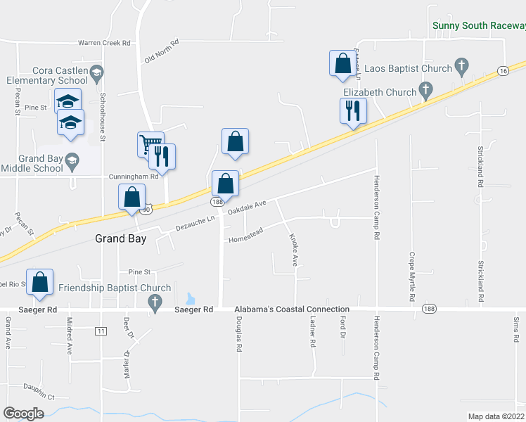 map of restaurants, bars, coffee shops, grocery stores, and more near 12300 Homestead in Grand Bay