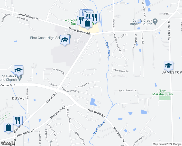 map of restaurants, bars, coffee shops, grocery stores, and more near 895 Bonaparte Landing Boulevard in Jacksonville
