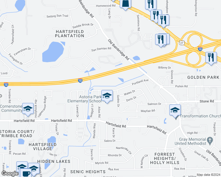 map of restaurants, bars, coffee shops, grocery stores, and more near 1926 Portland Avenue in Tallahassee