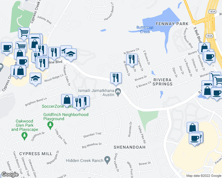 map of restaurants, bars, coffee shops, grocery stores, and more near 2219 South Lakeline Boulevard in Cedar Park