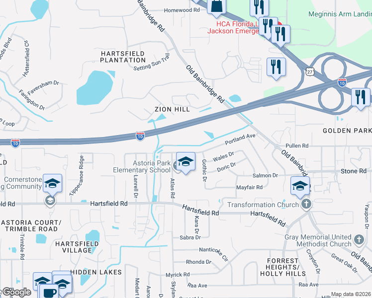 map of restaurants, bars, coffee shops, grocery stores, and more near 1940 Portland Avenue in Tallahassee