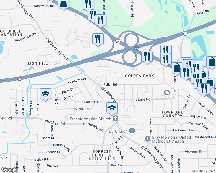map of restaurants, bars, coffee shops, grocery stores, and more near 1540 Pullen Road in Tallahassee