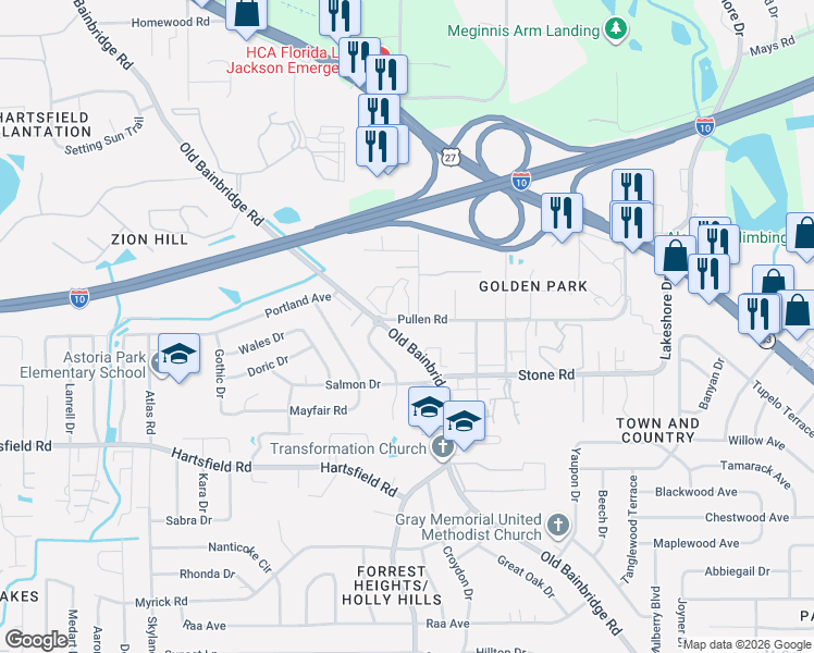 map of restaurants, bars, coffee shops, grocery stores, and more near 1600 Pullen Road in Tallahassee