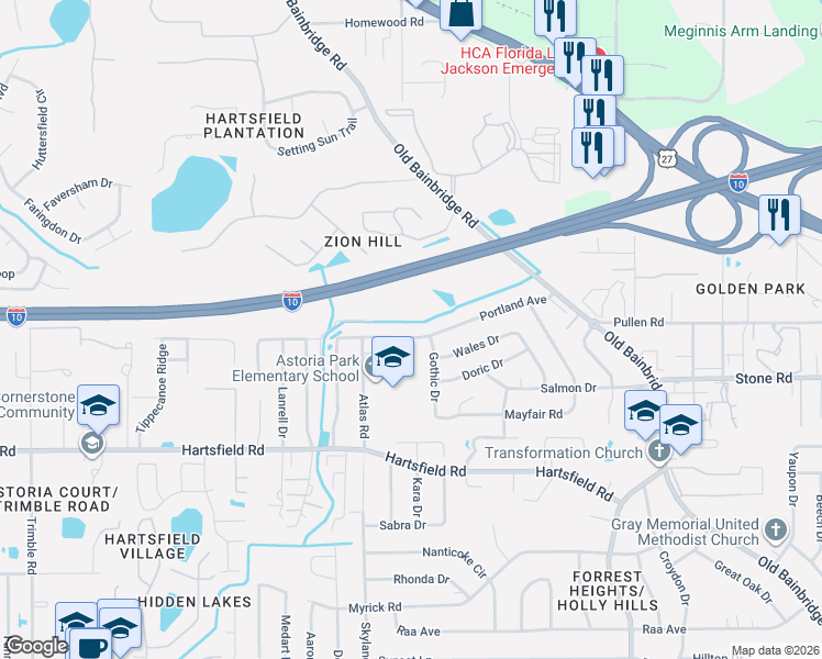 map of restaurants, bars, coffee shops, grocery stores, and more near 1918 Portland Avenue in Tallahassee