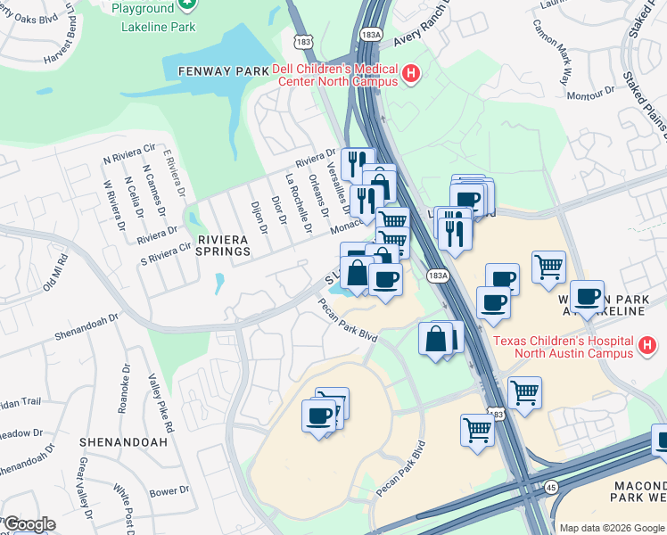 map of restaurants, bars, coffee shops, grocery stores, and more near 2910 South Lakeline Boulevard in Austin
