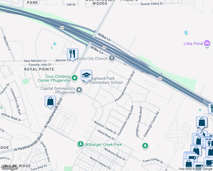 map of restaurants, bars, coffee shops, grocery stores, and more near 609 Stokesay Castle Path in Pflugerville