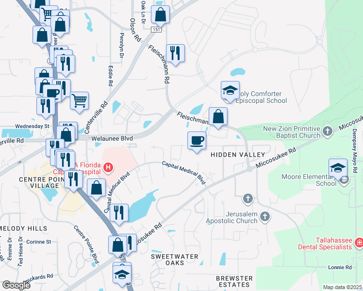 map of restaurants, bars, coffee shops, grocery stores, and more near 3298 Rain Valley Circle in Tallahassee