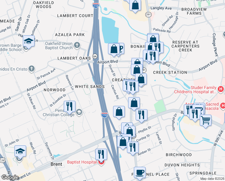 map of restaurants, bars, coffee shops, grocery stores, and more near 5522 Cactus Rd in Pensacola