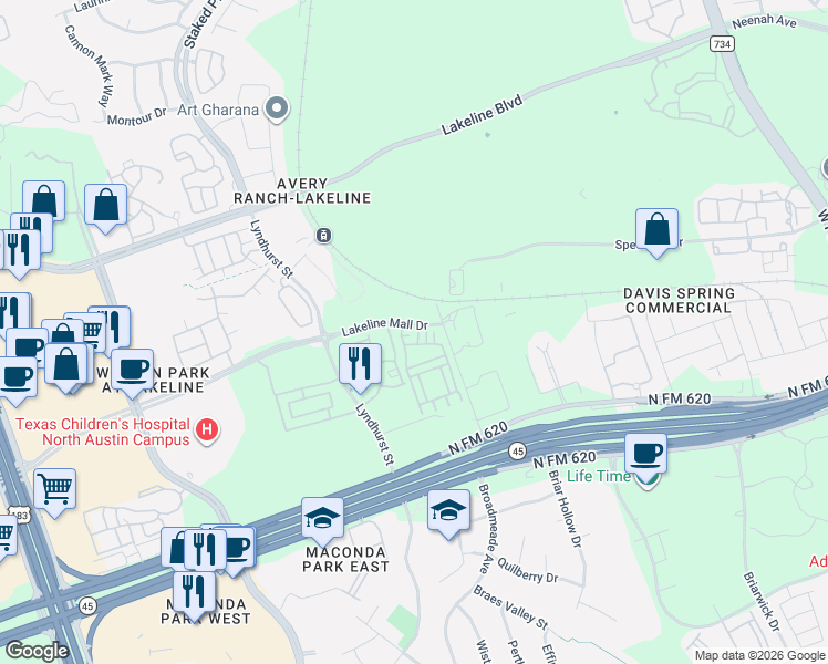 map of restaurants, bars, coffee shops, grocery stores, and more near Lakeline Mall Drive in Austin