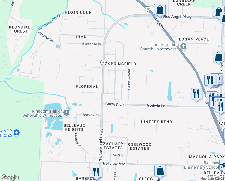 map of restaurants, bars, coffee shops, grocery stores, and more near 1116 Burnhill Circle in Pensacola