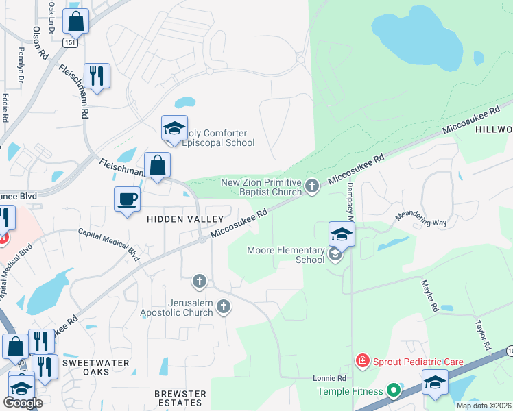 map of restaurants, bars, coffee shops, grocery stores, and more near 3728 Miccosukee Road in Tallahassee