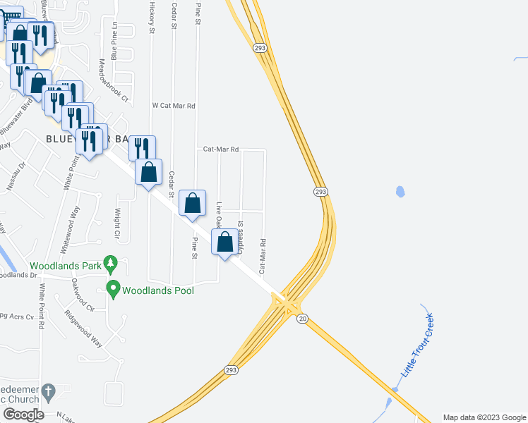 map of restaurants, bars, coffee shops, grocery stores, and more near Cat-Mar Road in Niceville