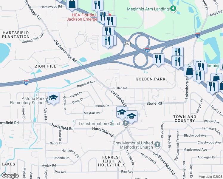 map of restaurants, bars, coffee shops, grocery stores, and more near 1600 Pullen Road in Tallahassee