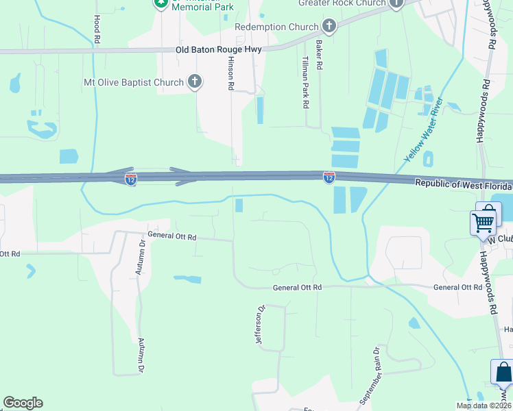 map of restaurants, bars, coffee shops, grocery stores, and more near 42716 Hinson Road in Hammond