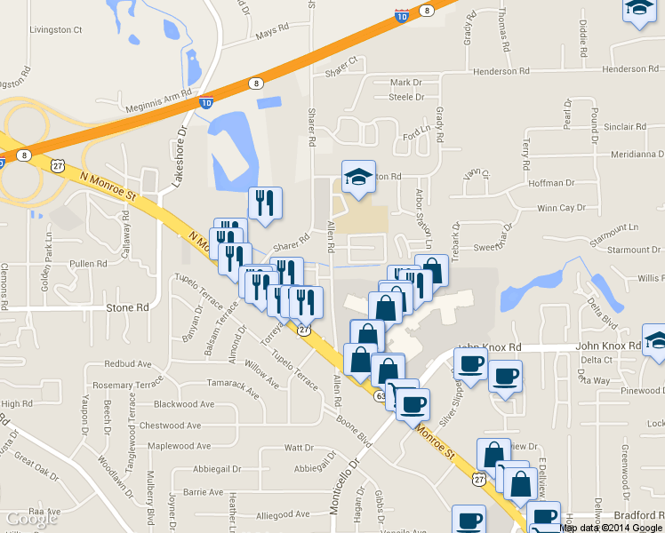 map of restaurants, bars, coffee shops, grocery stores, and more near 2709 Allen Road in Tallahassee