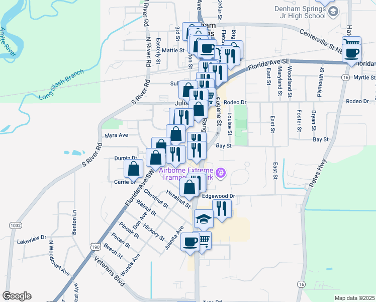 map of restaurants, bars, coffee shops, grocery stores, and more near 304 Jean Street in Denham Springs