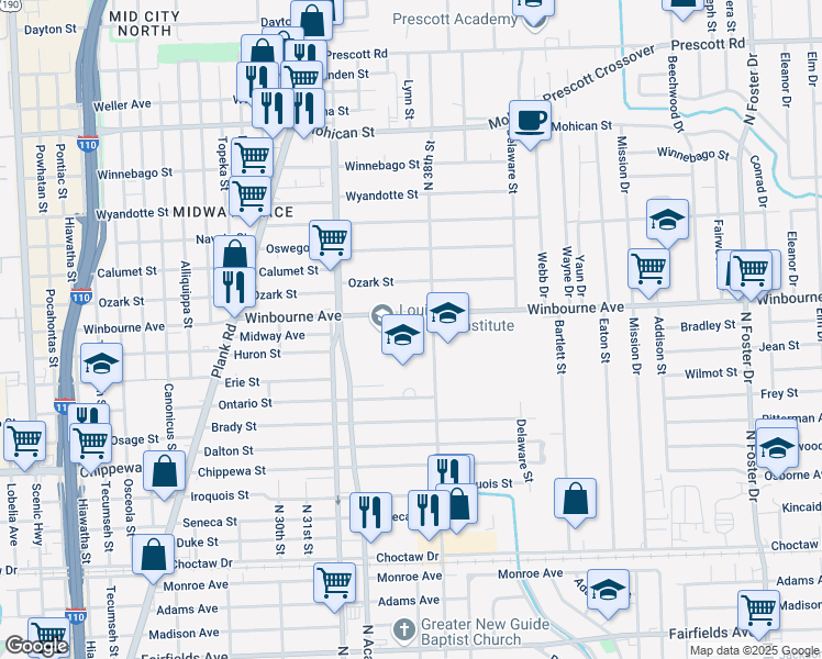 map of restaurants, bars, coffee shops, grocery stores, and more near 3625 Winbourne Avenue in Baton Rouge