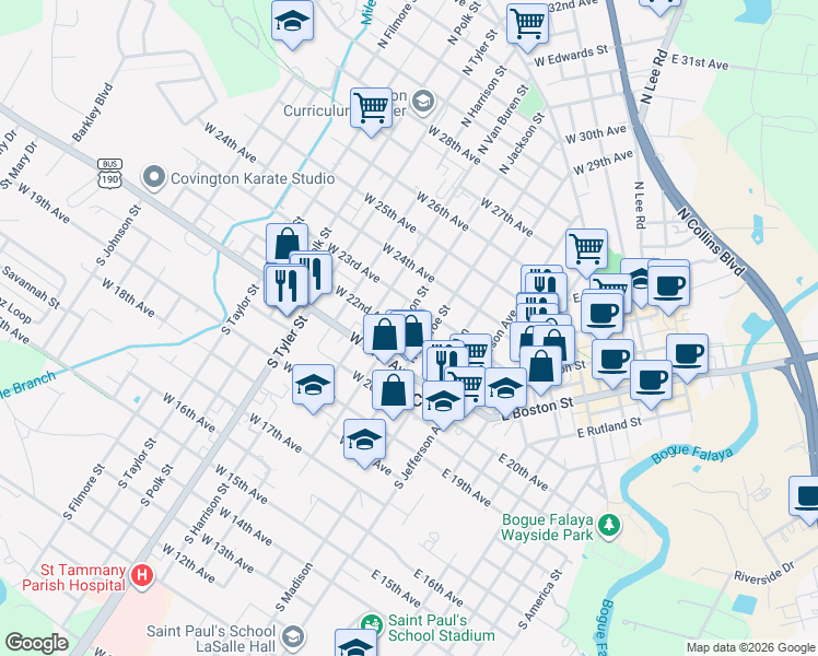 map of restaurants, bars, coffee shops, grocery stores, and more near 321 West 23rd Avenue in Covington