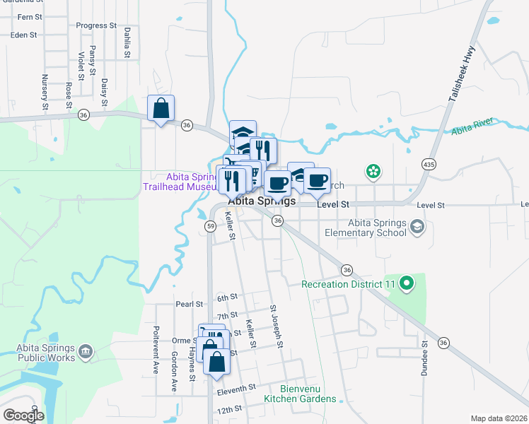 map of restaurants, bars, coffee shops, grocery stores, and more near 72078 Maple Street in Abita Springs